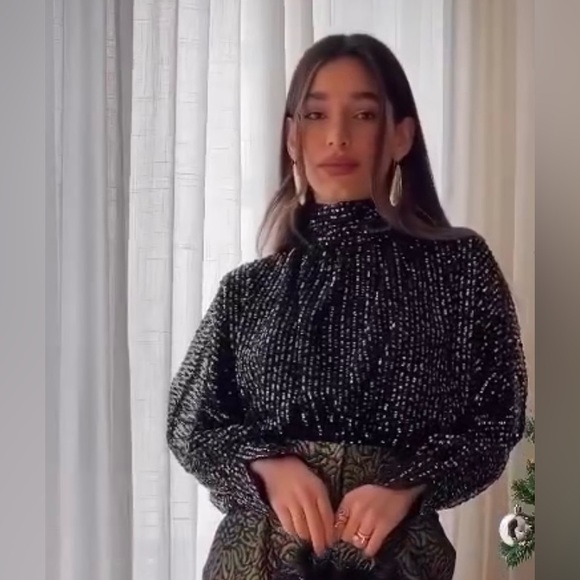 New Zara $69 Tied Collar Gold Sequin Semi Sheer Blouse 9127/572 Small - Picture 3 of 14